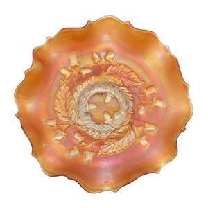 1920s Fenton Acorn Marigold Carnival Glass Footed Bowl w Crimped Rim Pattern 834